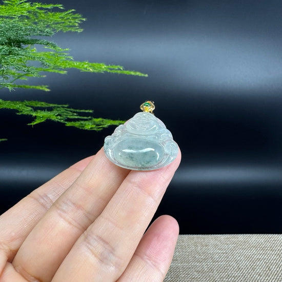 18K Yellow Gold Burmese Icy Green Jadeite Jade Happy Buddha Pendant