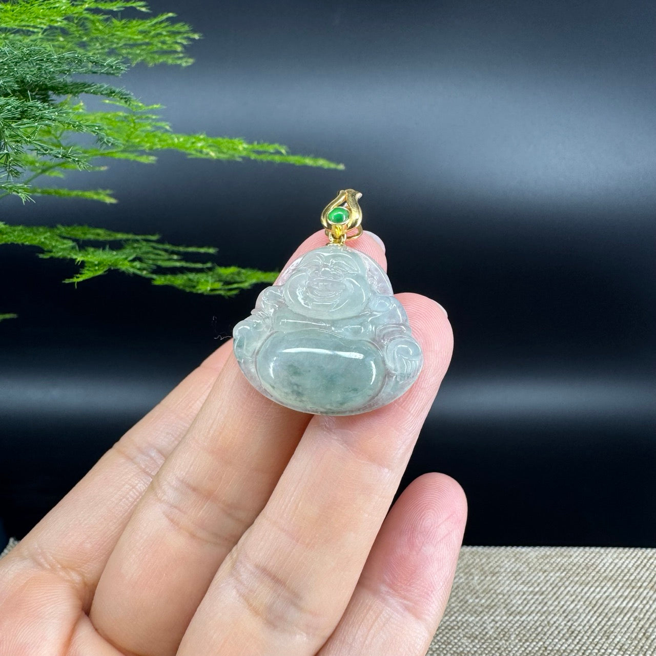 18K Yellow Gold Burmese Icy Green Jadeite Jade Happy Buddha Pendant