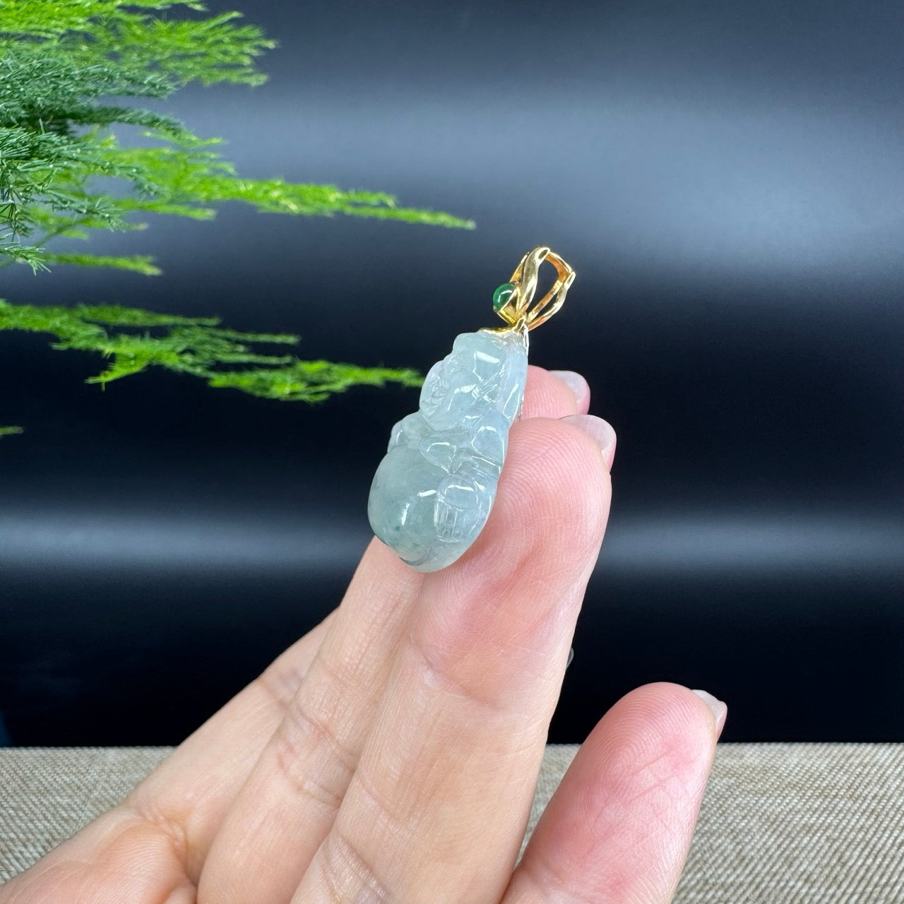 18K Yellow Gold Burmese Icy Green Jadeite Jade Happy Buddha Pendant