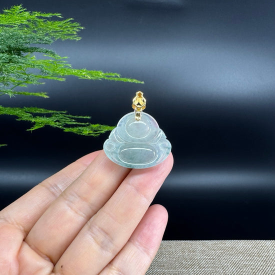 18K Yellow Gold Burmese Icy Green Jadeite Jade Happy Buddha Pendant