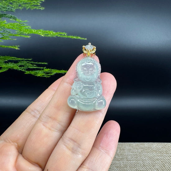 18K Yellow Gold Burmese Icy Green Jadeite Jade Happy Baby Buddha Pendant