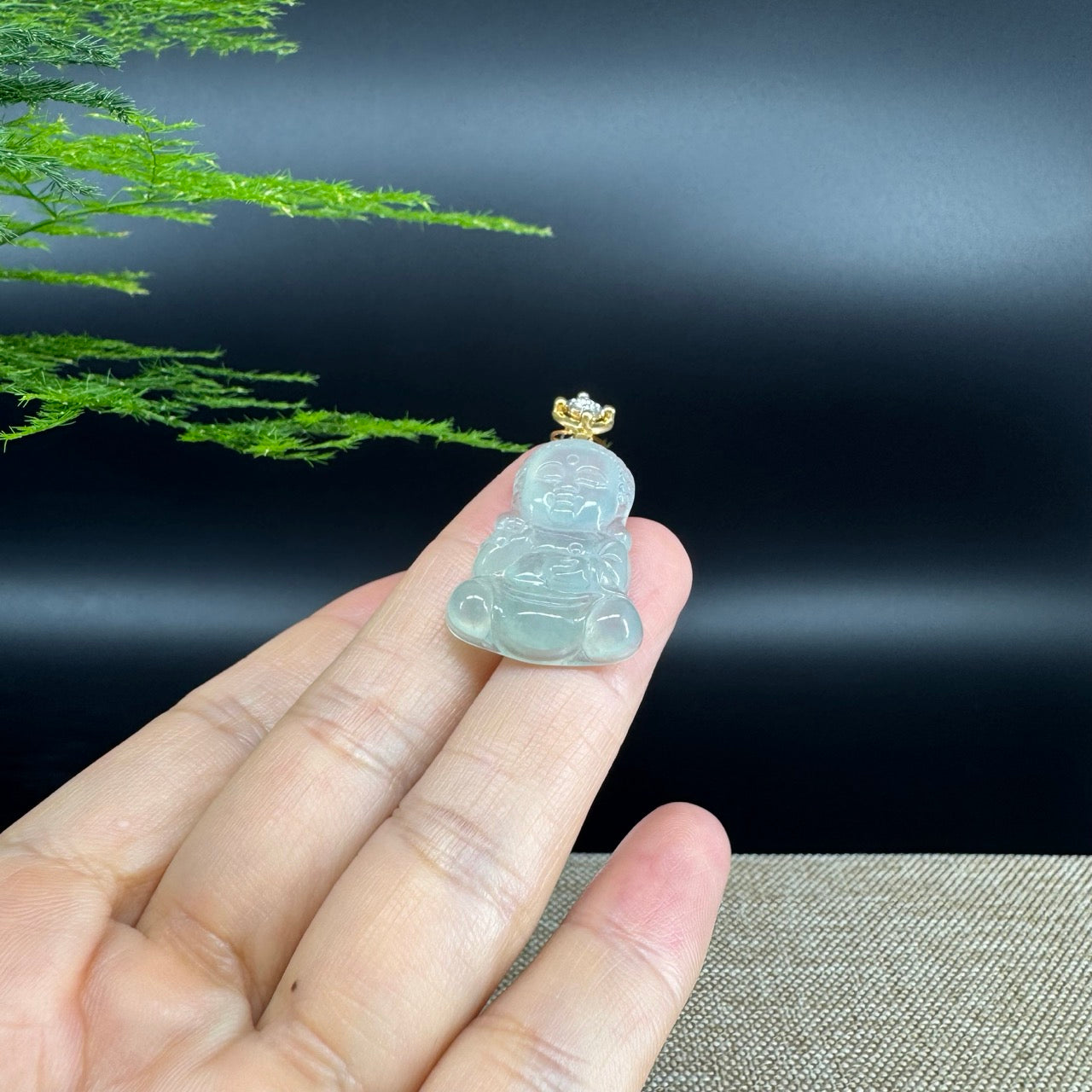 18K Yellow Gold Burmese Icy Green Jadeite Jade Happy Baby Buddha Pendant