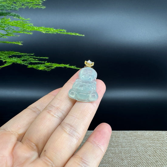 18K Yellow Gold Burmese Icy Green Jadeite Jade Happy Baby Buddha Pendant