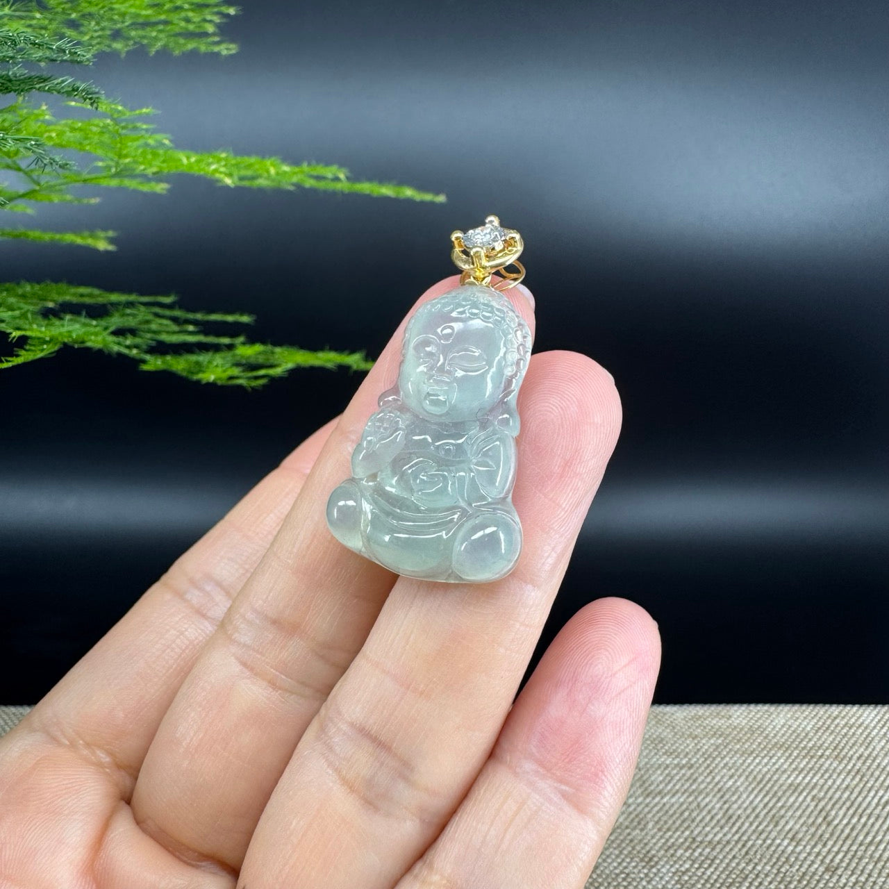 18K Yellow Gold Burmese Icy Green Jadeite Jade Happy Baby Buddha Pendant