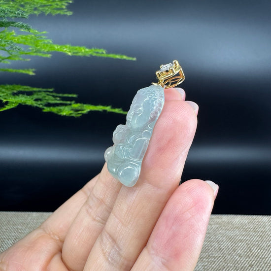 18K Yellow Gold Burmese Icy Green Jadeite Jade Happy Baby Buddha Pendant