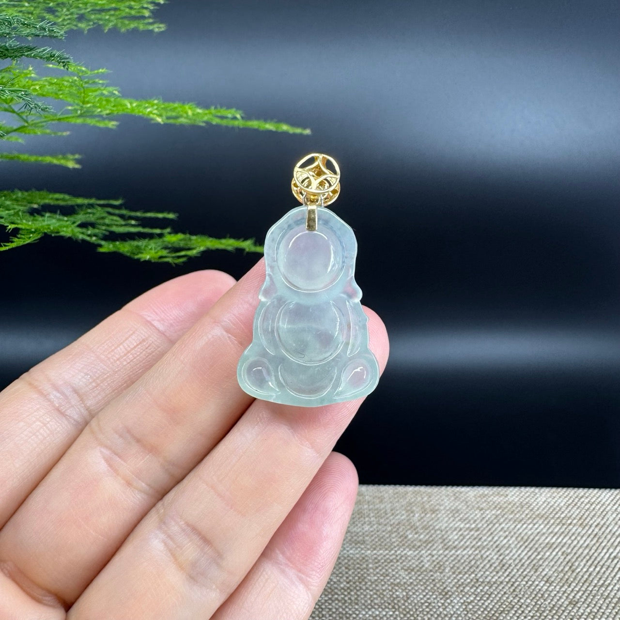 18K Yellow Gold Burmese Icy Green Jadeite Jade Happy Baby Buddha Pendant