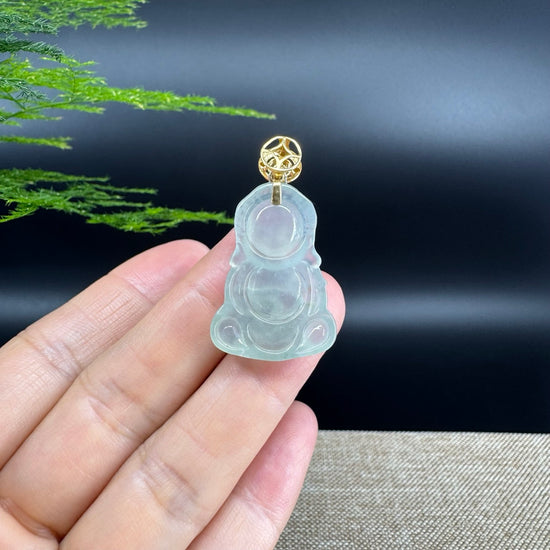 18K Yellow Gold Burmese Icy Green Jadeite Jade Happy Baby Buddha Pendant