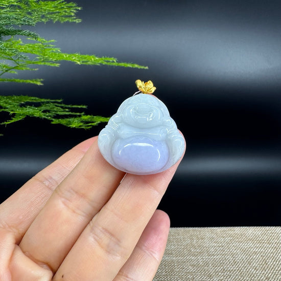 18K Yellow Gold Burmese Lavender Jadeite Jade Happy Buddha Pendant