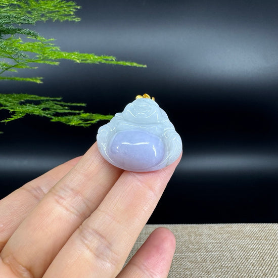 18K Yellow Gold Burmese Lavender Jadeite Jade Happy Buddha Pendant