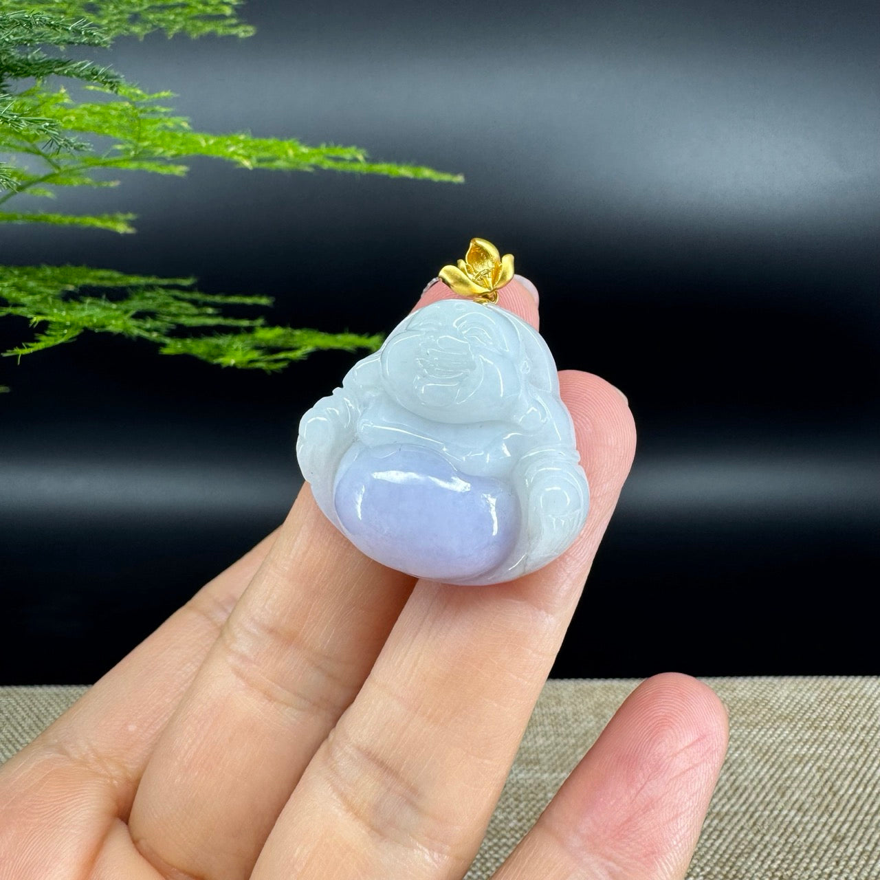 18K Yellow Gold Burmese Lavender Jadeite Jade Happy Buddha Pendant