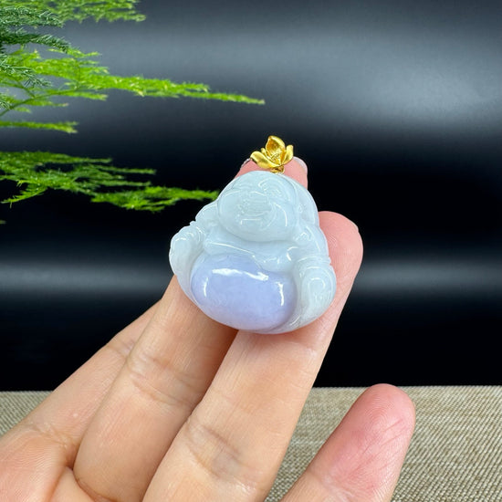 18K Yellow Gold Burmese Lavender Jadeite Jade Happy Buddha Pendant