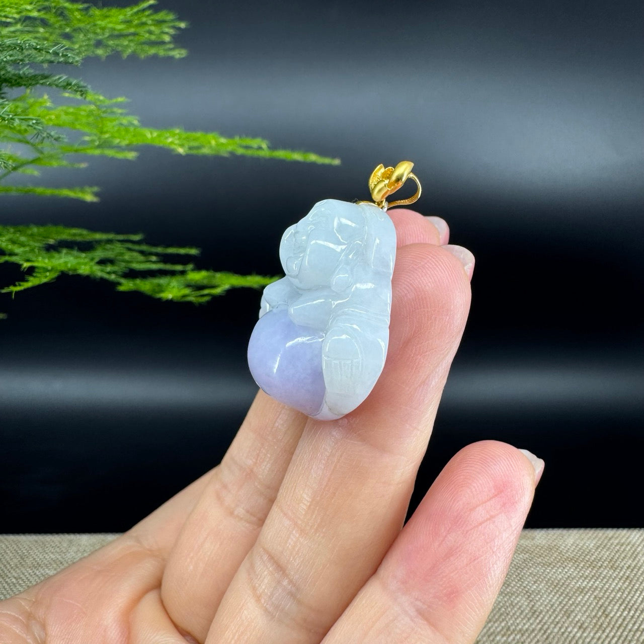 18K Yellow Gold Burmese Lavender Jadeite Jade Happy Buddha Pendant