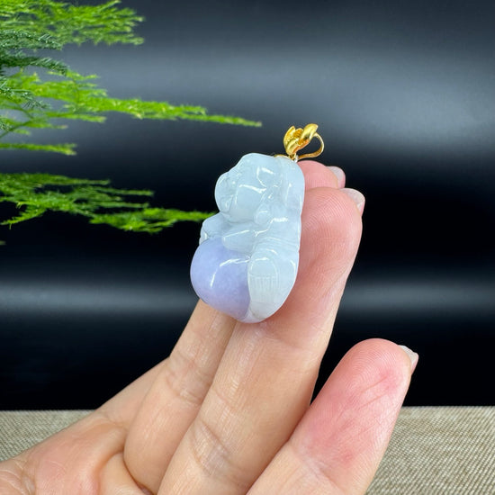 18K Yellow Gold Burmese Lavender Jadeite Jade Happy Buddha Pendant