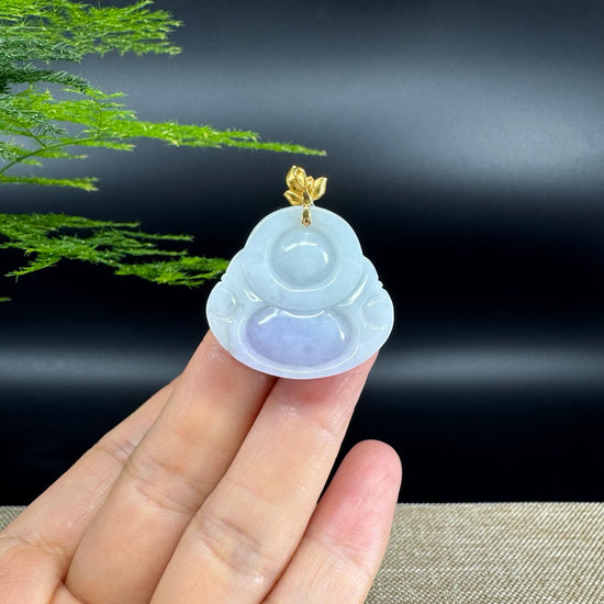 18K Yellow Gold Burmese Lavender Jadeite Jade Happy Buddha Pendant
