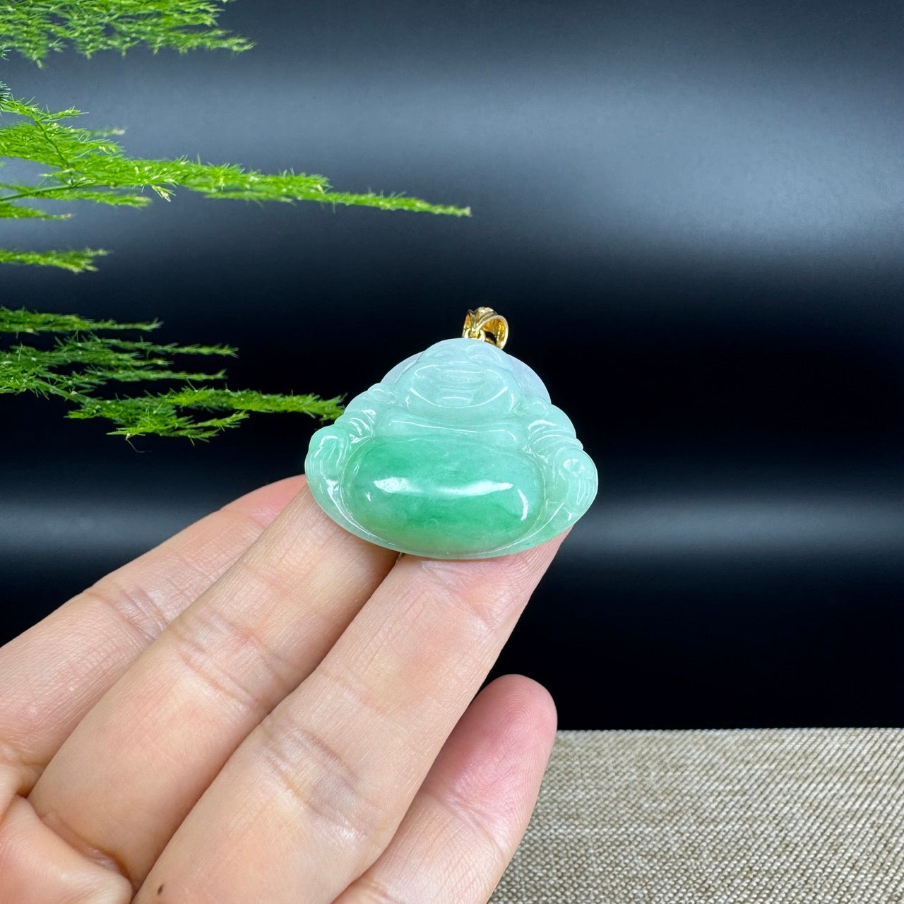 18K Yellow Gold Burmese Green Jadeite Jade Happy Buddha Pendant