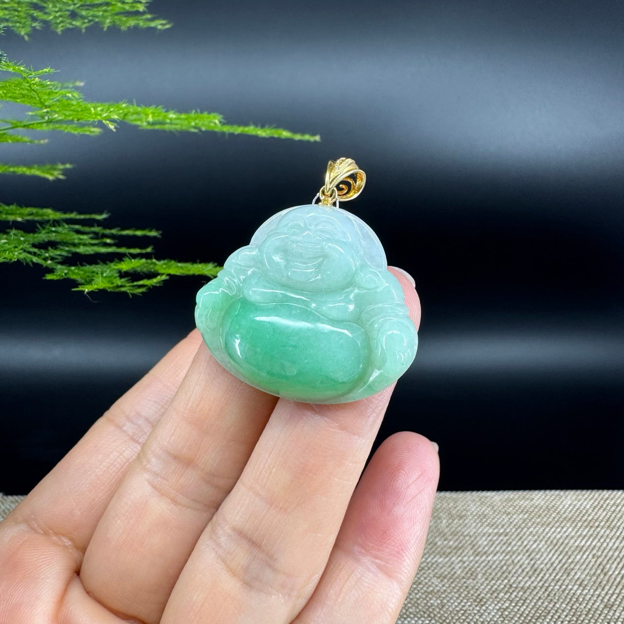 18K Yellow Gold Burmese Green Jadeite Jade Happy Buddha Pendant