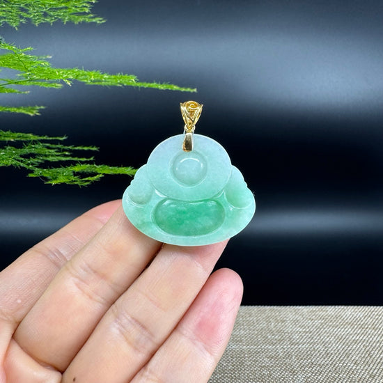 18K Yellow Gold Burmese Green Jadeite Jade Happy Buddha Pendant