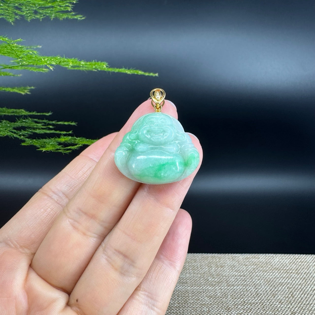 18K Yellow Gold Burmese Green Jadeite Jade Happy Buddha Pendant