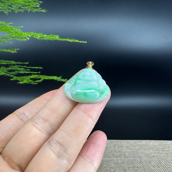 18K Yellow Gold Burmese Green Jadeite Jade Happy Buddha Pendant
