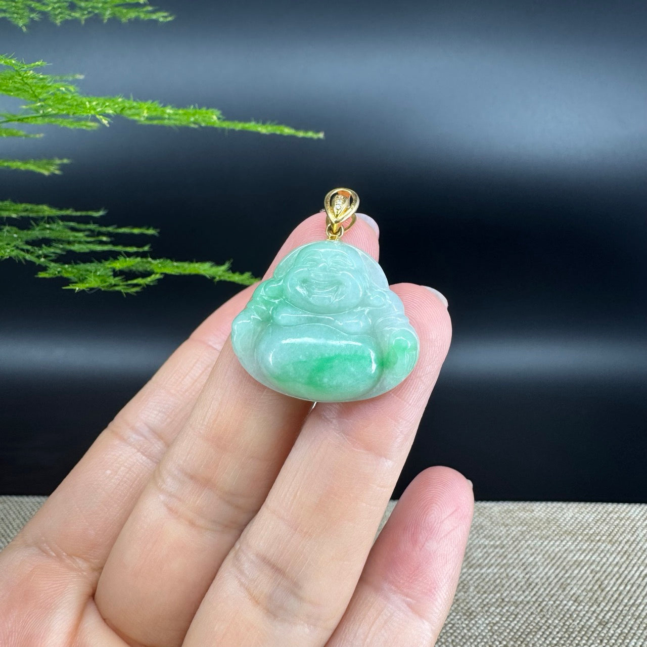 18K Yellow Gold Burmese Green Jadeite Jade Happy Buddha Pendant