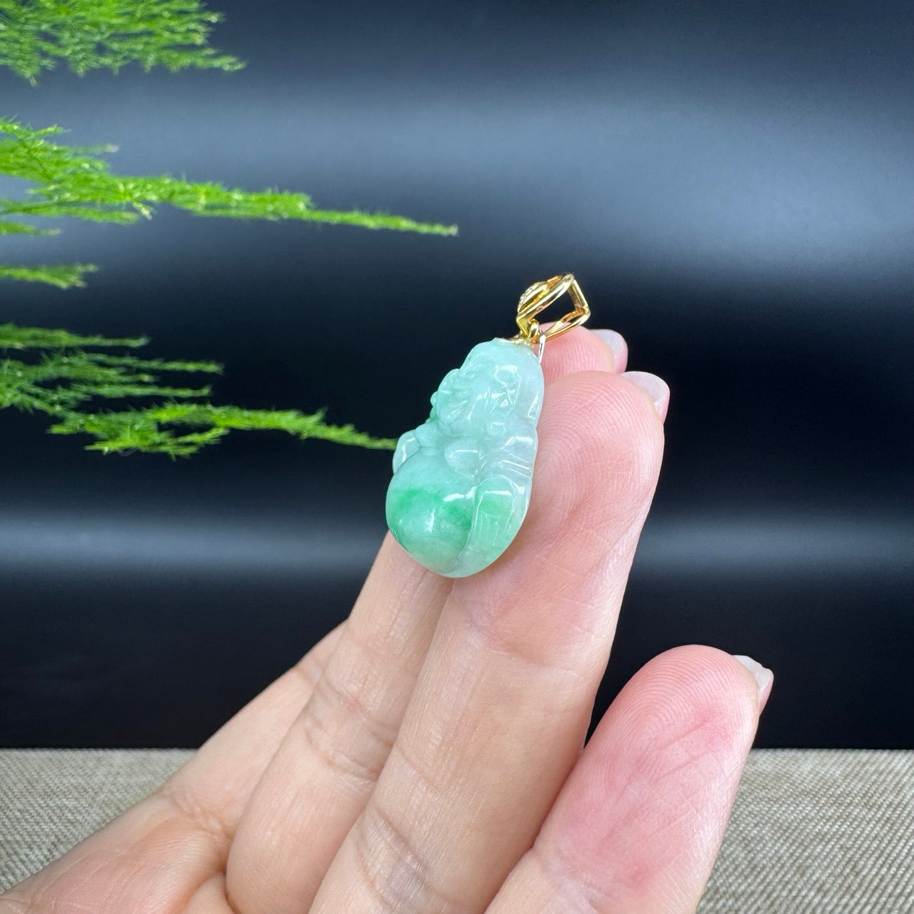 18K Yellow Gold Burmese Green Jadeite Jade Happy Buddha Pendant