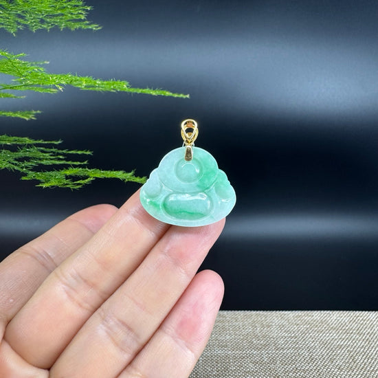 18K Yellow Gold Burmese Green Jadeite Jade Happy Buddha Pendant