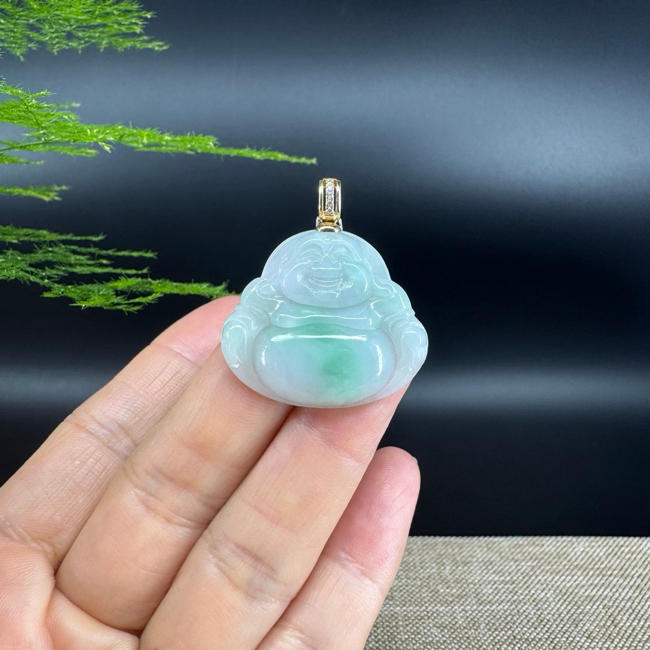 18K Yellow Gold Burmese Green Jadeite Jade Happy Buddha Pendant