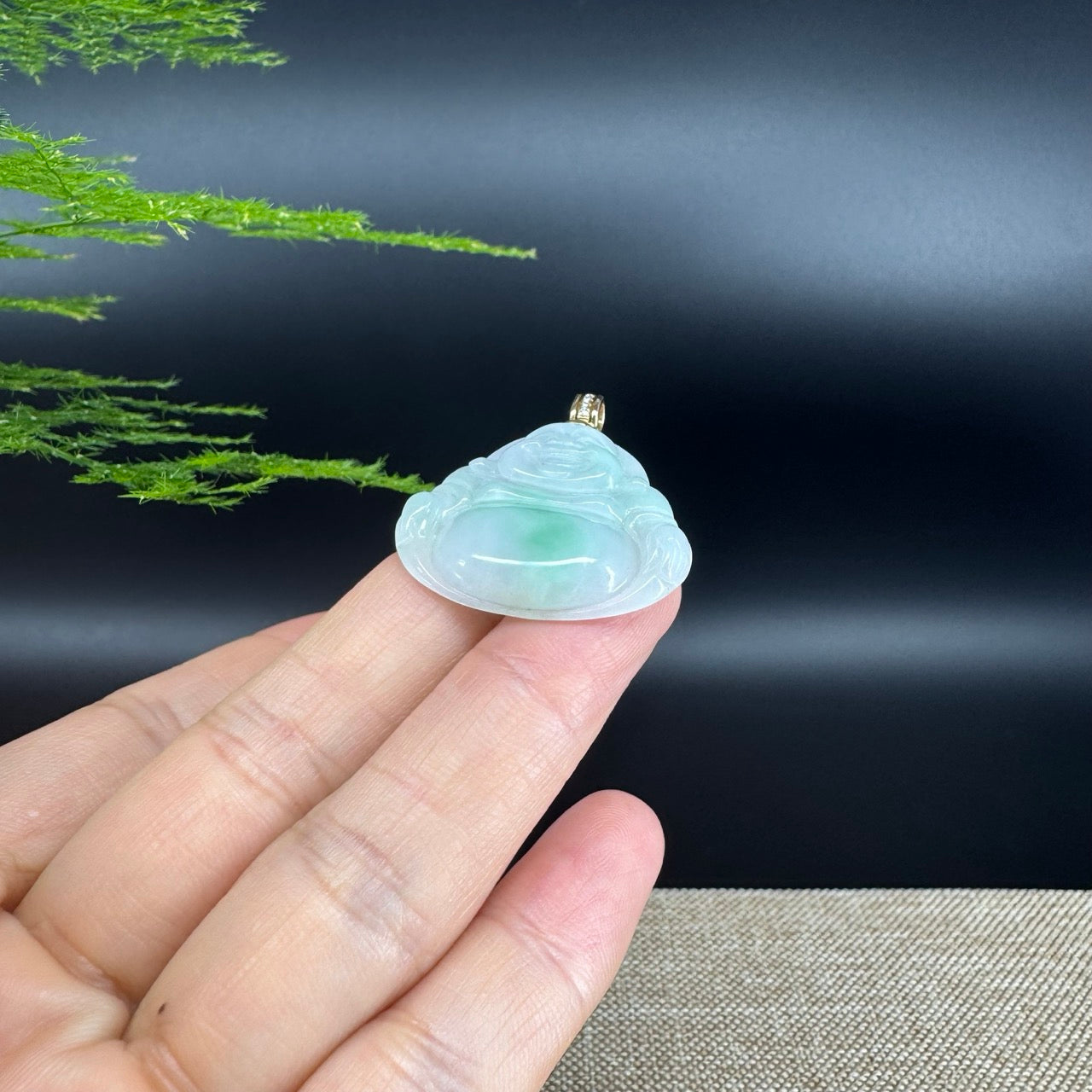 18K Yellow Gold Burmese Green Jadeite Jade Happy Buddha Pendant