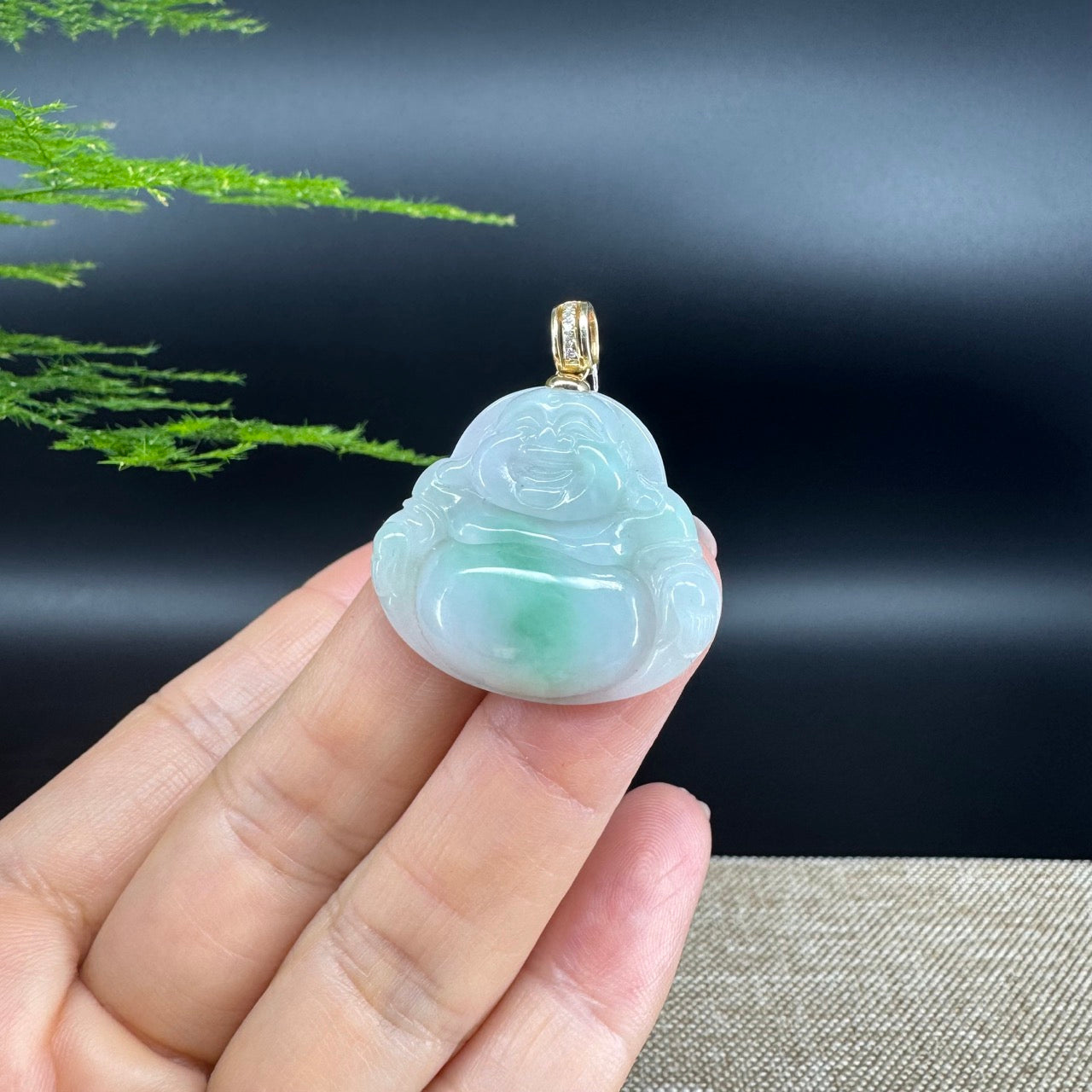 18K Yellow Gold Burmese Green Jadeite Jade Happy Buddha Pendant