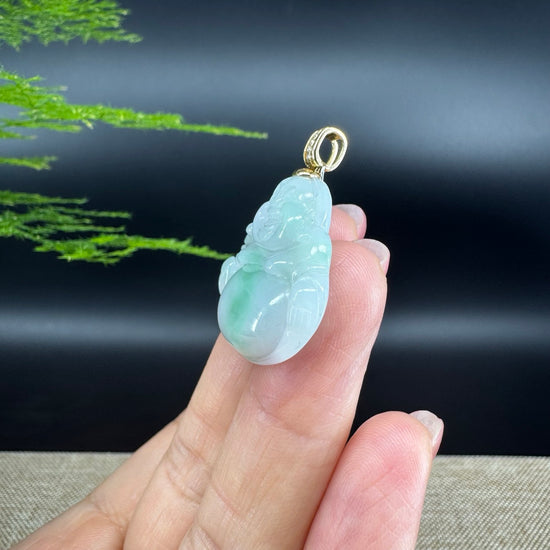 18K Yellow Gold Burmese Green Jadeite Jade Happy Buddha Pendant
