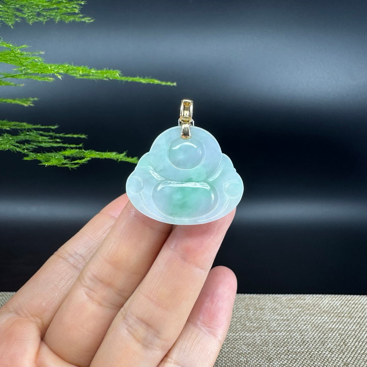 18K Yellow Gold Burmese Green Jadeite Jade Happy Buddha Pendant