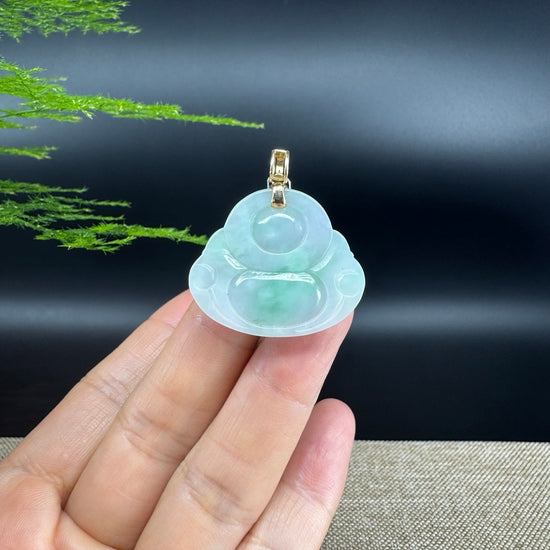 18K Yellow Gold Burmese Green Jadeite Jade Happy Buddha Pendant