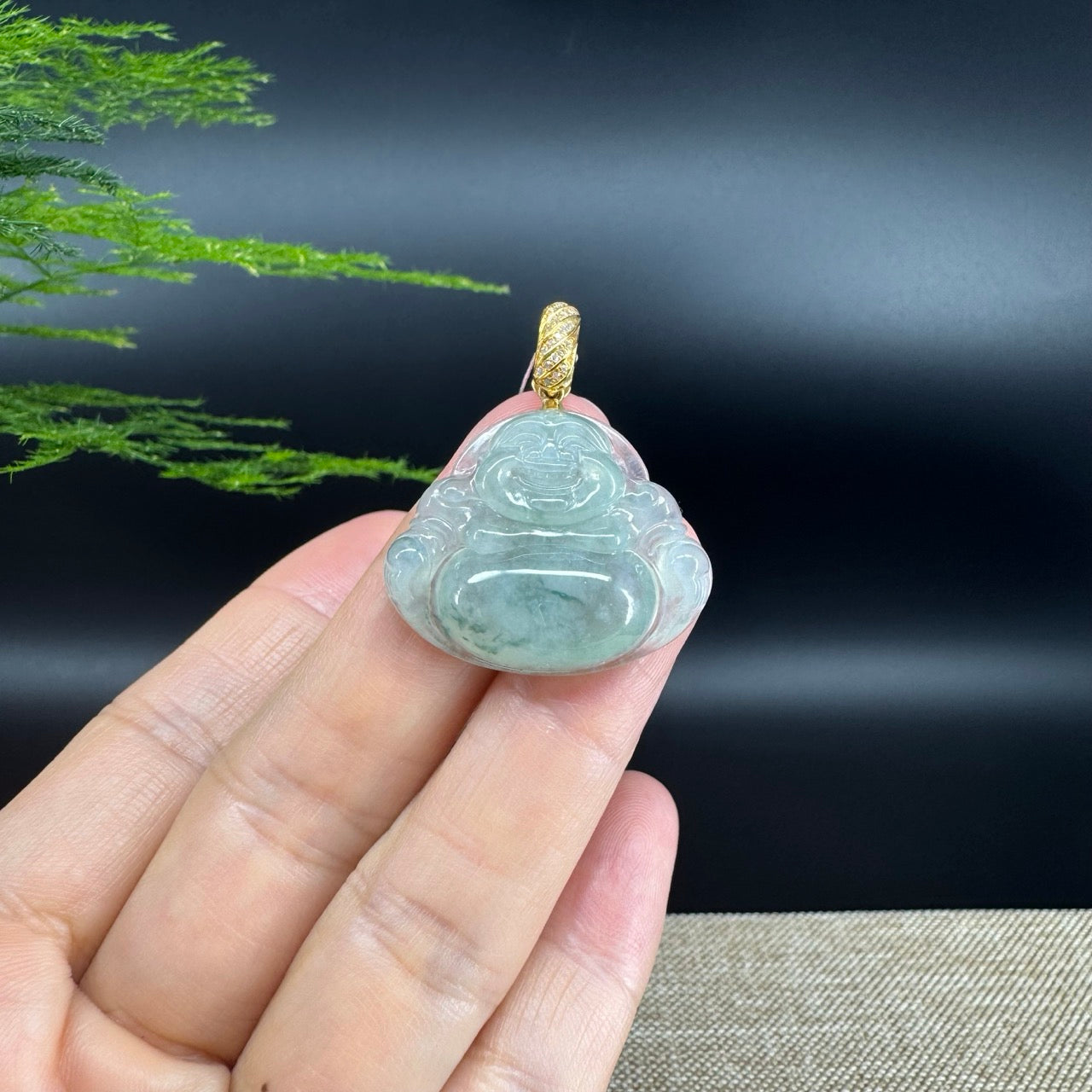 18K Yellow Gold Burmese Icy Green Jadeite Jade Happy Buddha Pendant