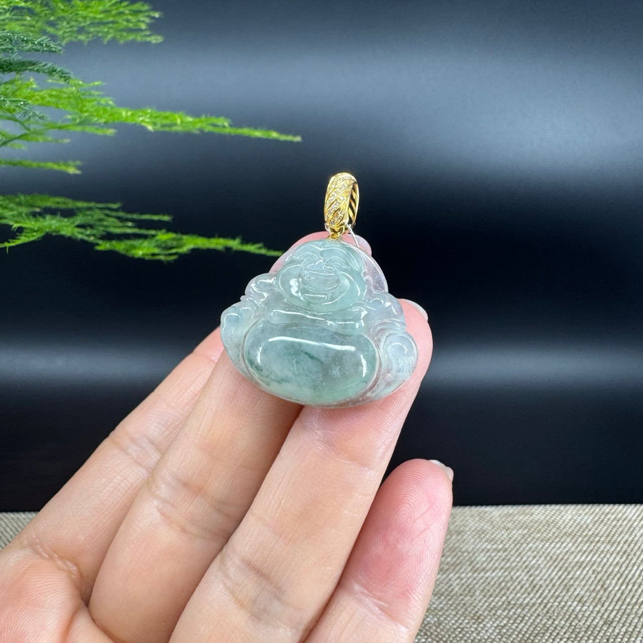 18K Yellow Gold Burmese Icy Green Jadeite Jade Happy Buddha Pendant