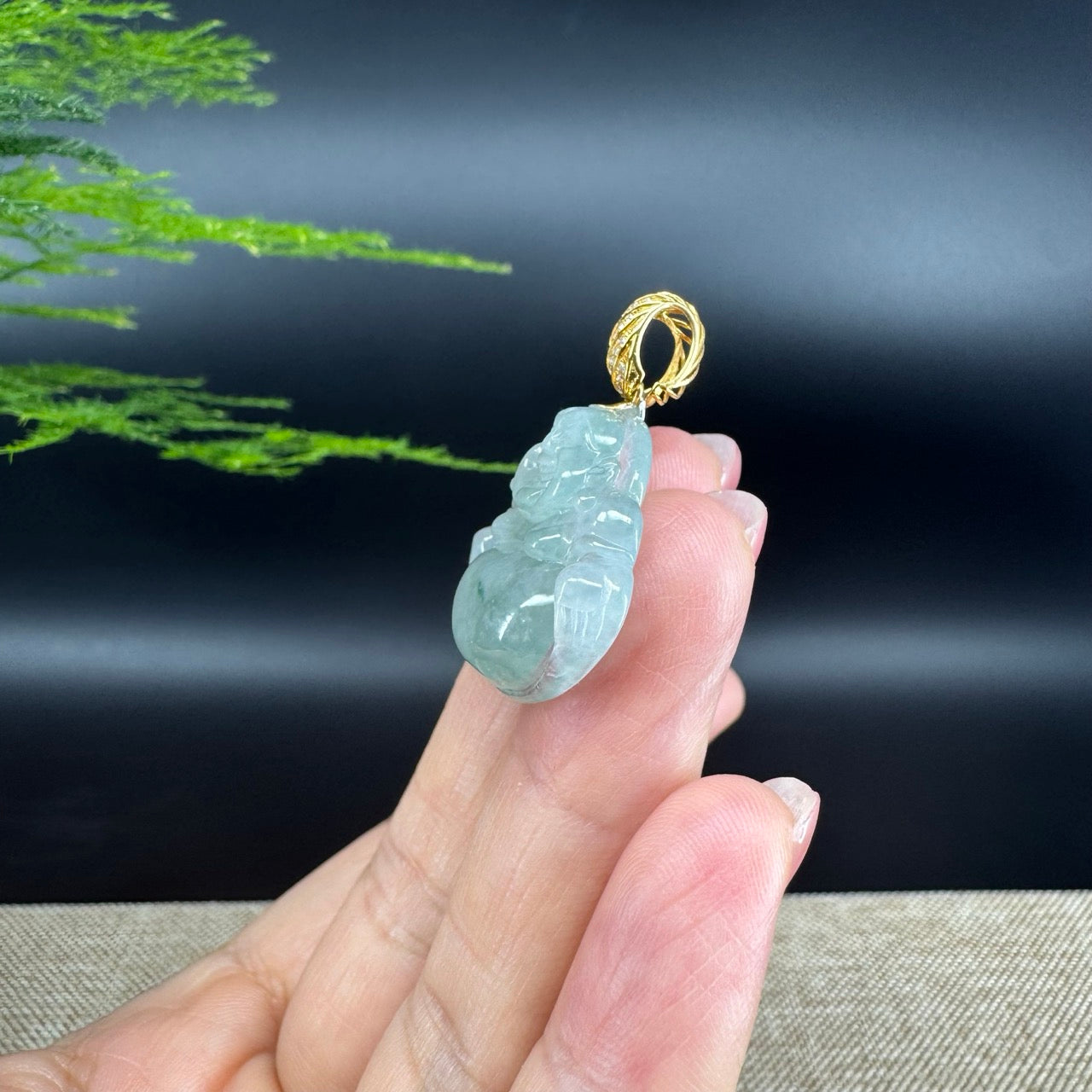 18K Yellow Gold Burmese Icy Green Jadeite Jade Happy Buddha Pendant