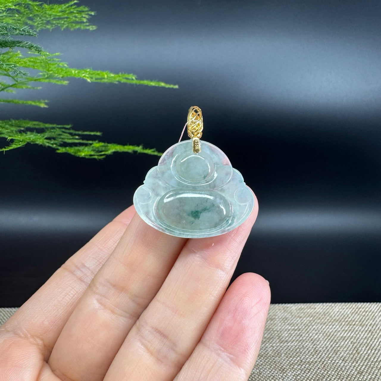 18K Yellow Gold Burmese Icy Green Jadeite Jade Happy Buddha Pendant