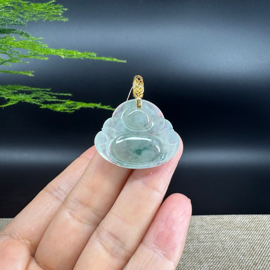 18K Yellow Gold Burmese Icy Green Jadeite Jade Happy Buddha Pendant