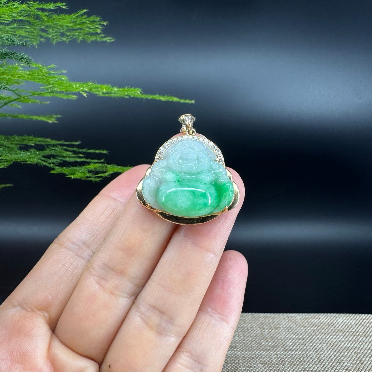 18K Yellow Gold Burmese Green Jadeite Jade Happy Buddha Pendant