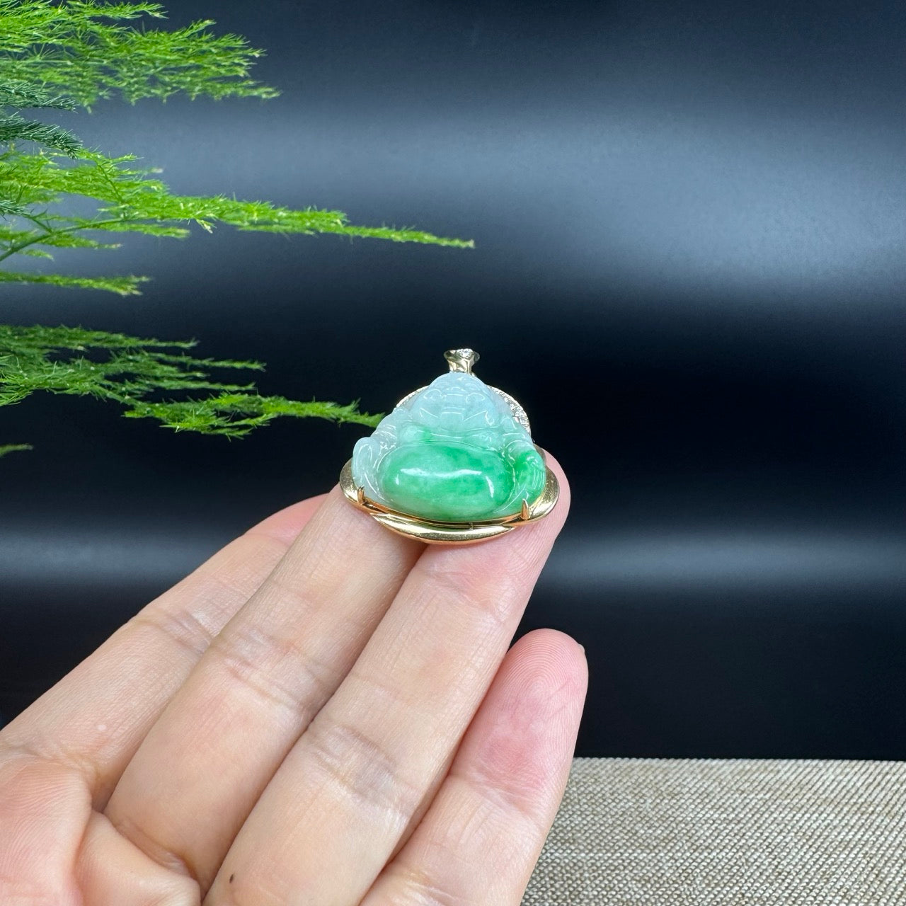 18K Yellow Gold Burmese Green Jadeite Jade Happy Buddha Pendant