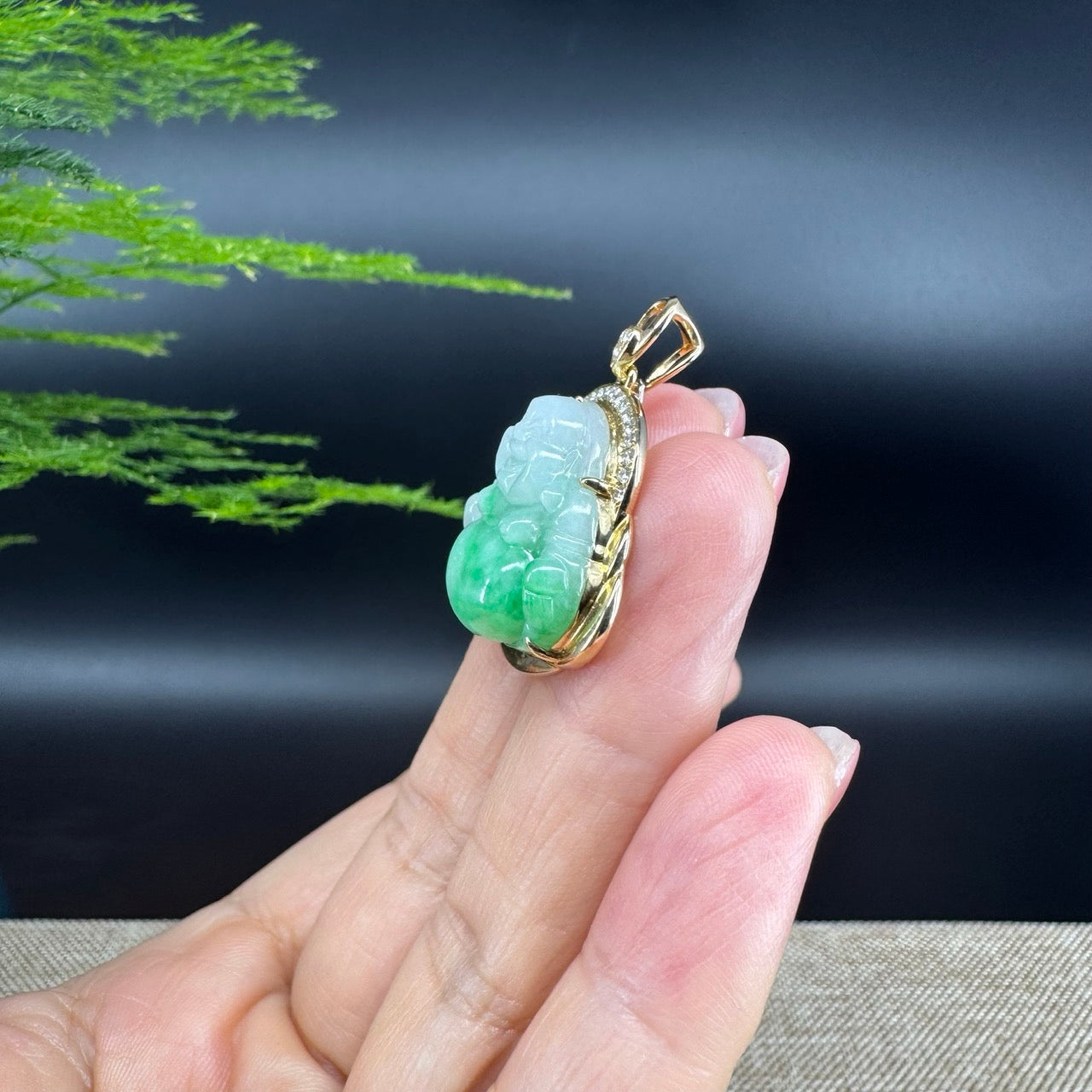 18K Yellow Gold Burmese Green Jadeite Jade Happy Buddha Pendant