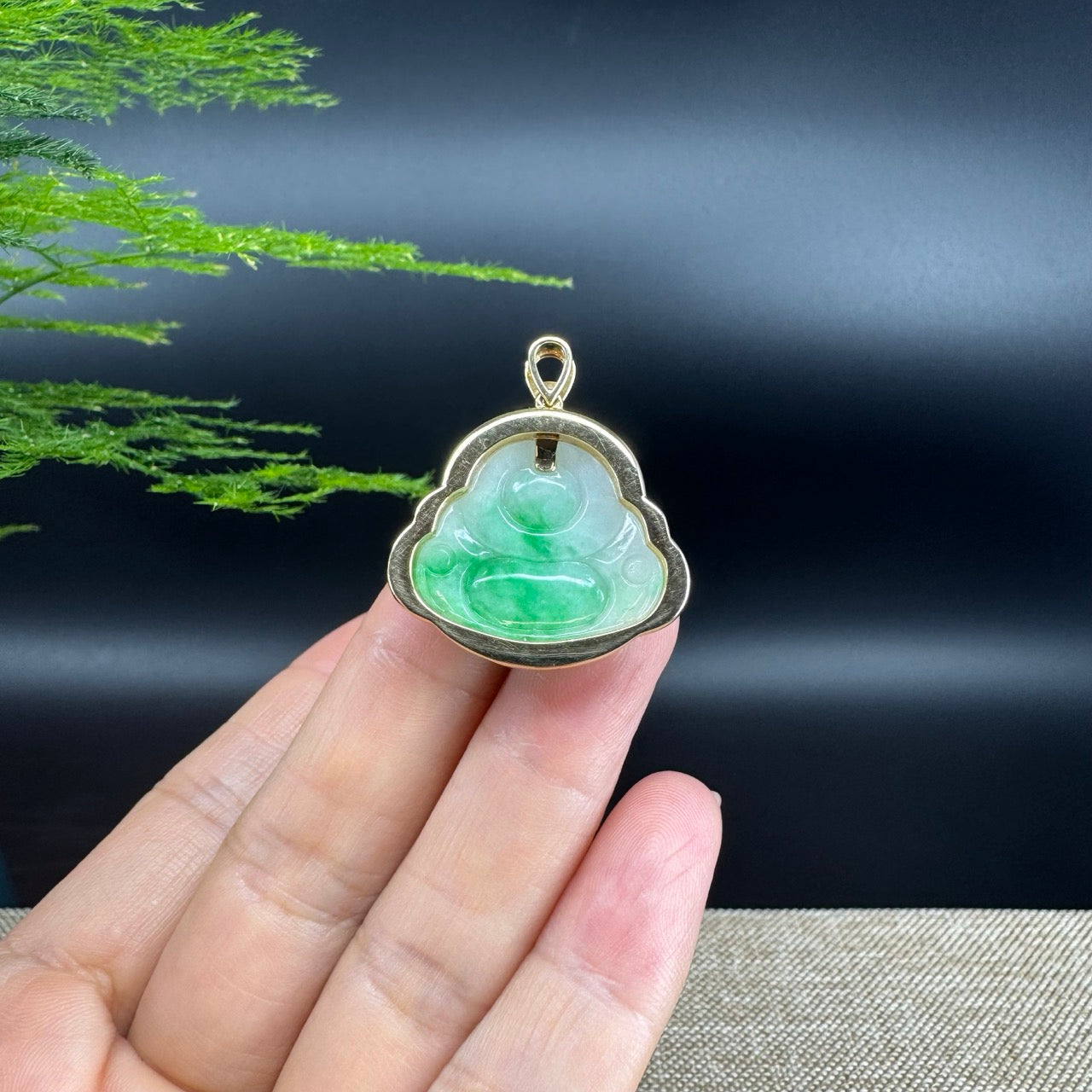 18K Yellow Gold Burmese Green Jadeite Jade Happy Buddha Pendant