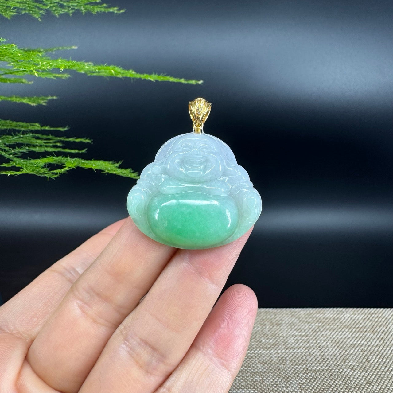 18K Yellow Gold Burmese Green Jadeite Jade Happy Buddha Pendant