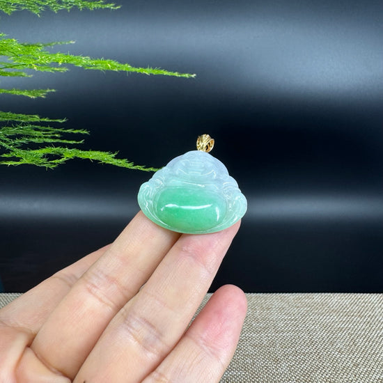18K Yellow Gold Burmese Green Jadeite Jade Happy Buddha Pendant