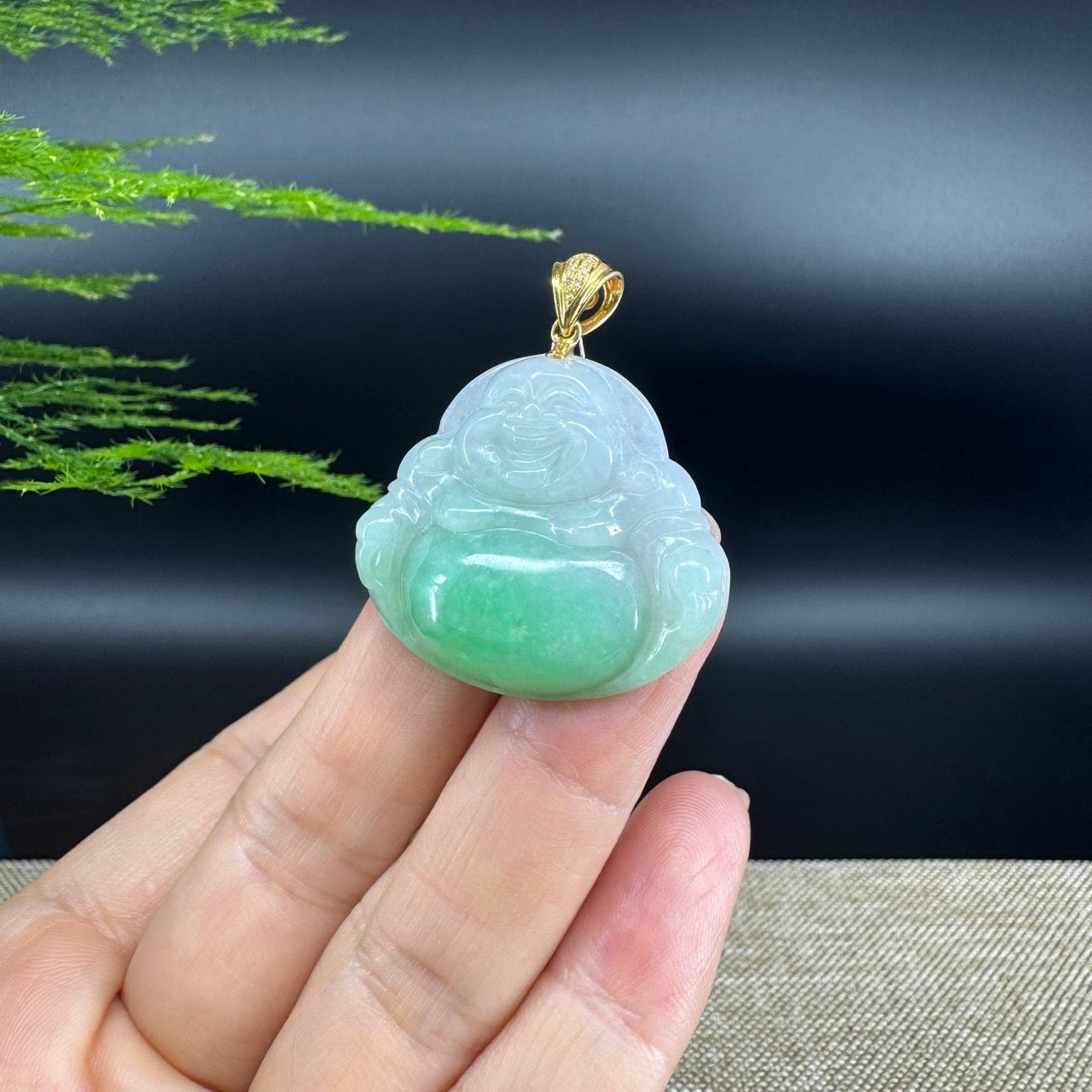 18K Yellow Gold Burmese Green Jadeite Jade Happy Buddha Pendant