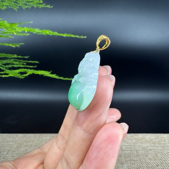 18K Yellow Gold Burmese Green Jadeite Jade Happy Buddha Pendant