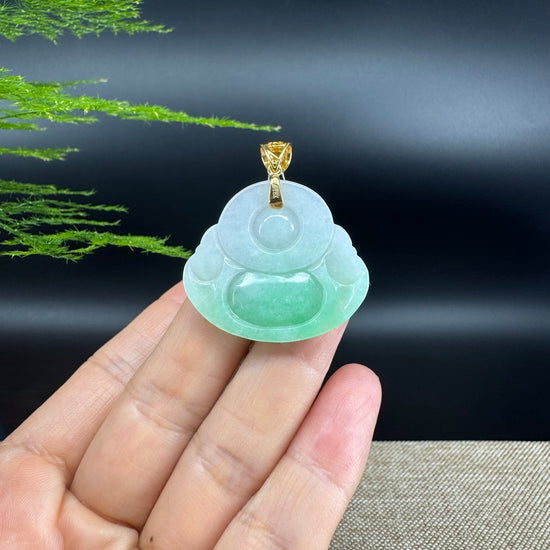 18K Yellow Gold Burmese Green Jadeite Jade Happy Buddha Pendant