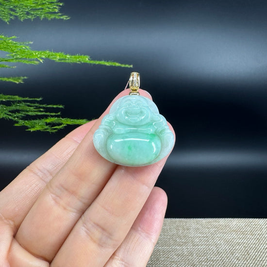 18K Yellow Gold Burmese Green Jadeite Jade Happy Buddha Pendant