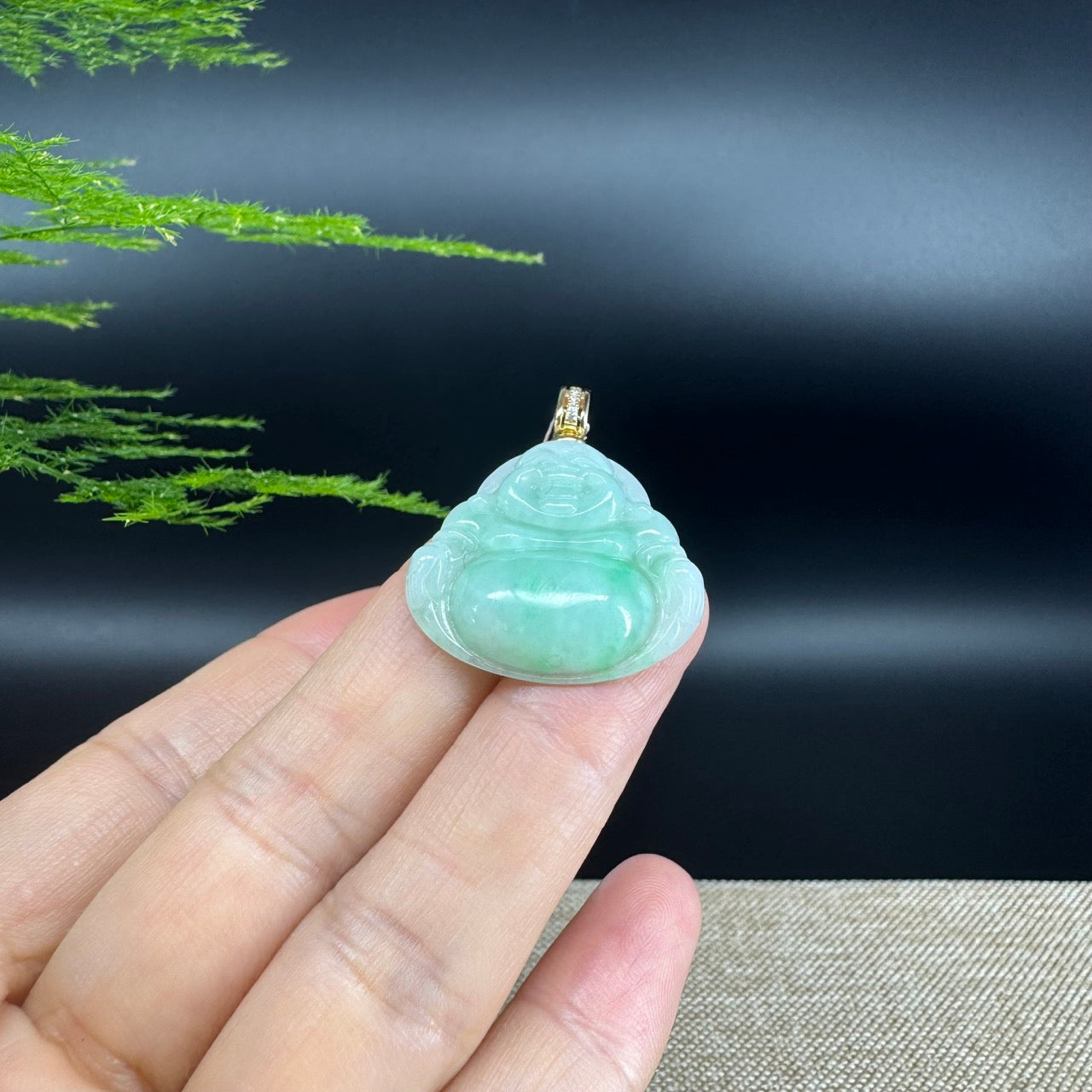 18K Yellow Gold Burmese Green Jadeite Jade Happy Buddha Pendant