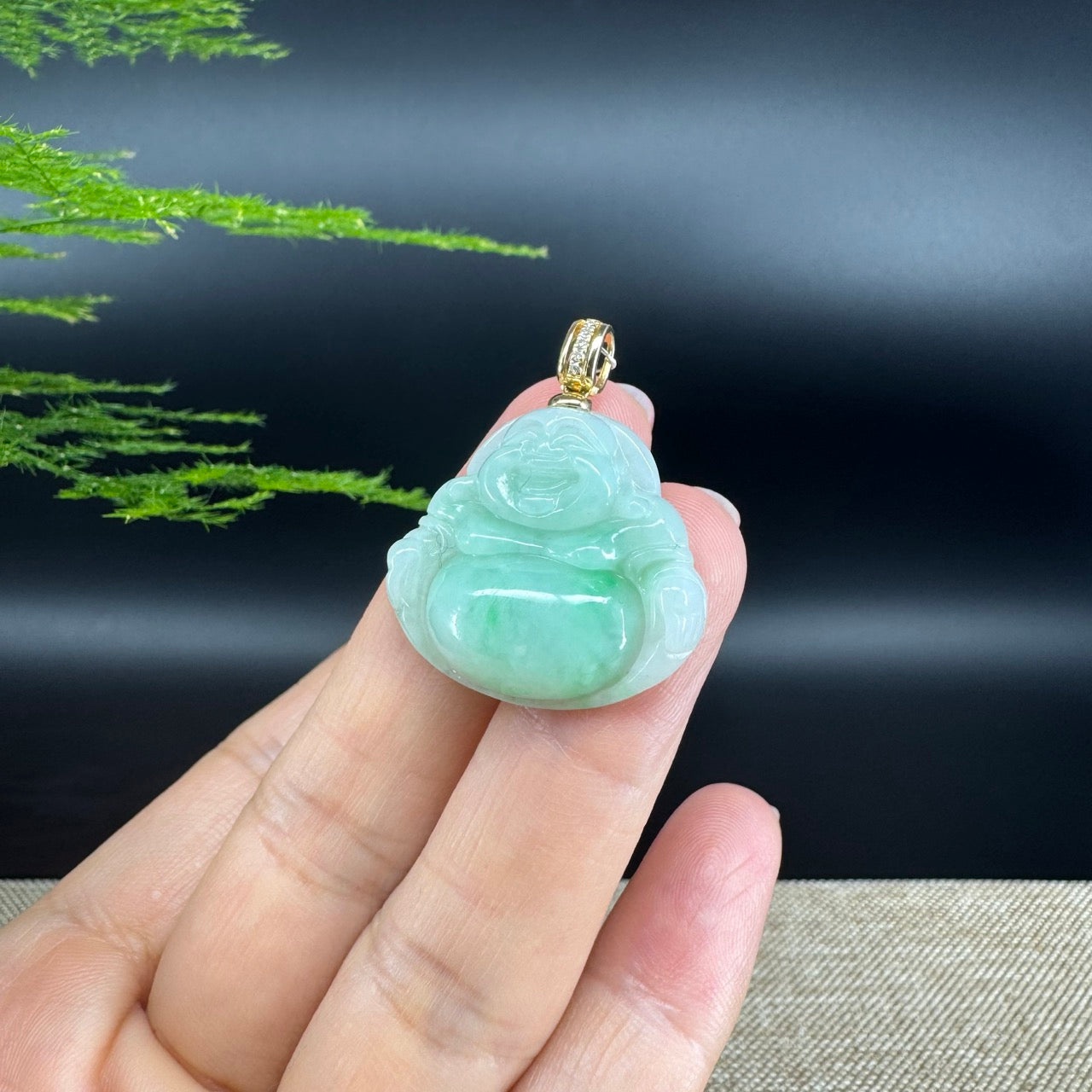18K Yellow Gold Burmese Green Jadeite Jade Happy Buddha Pendant