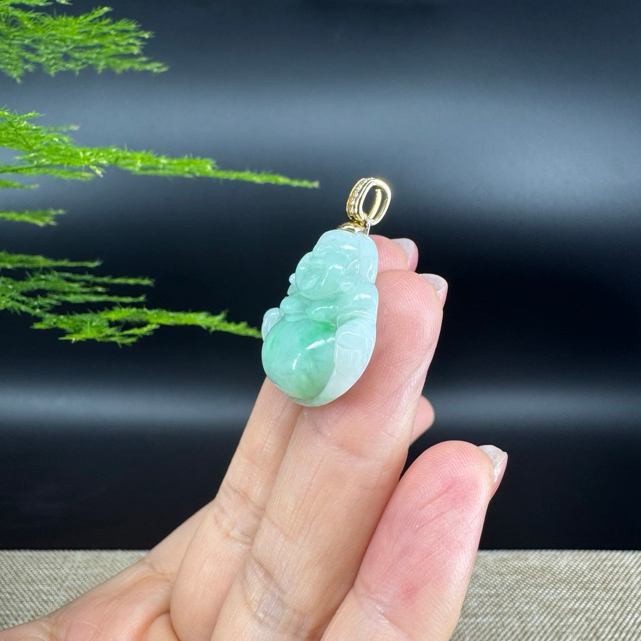 18K Yellow Gold Burmese Green Jadeite Jade Happy Buddha Pendant